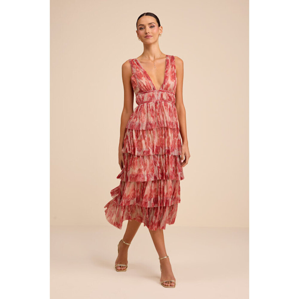 Lulus Valentia Magenta Plisse Sleeveless Tiered Midi Dress Pink - Size M